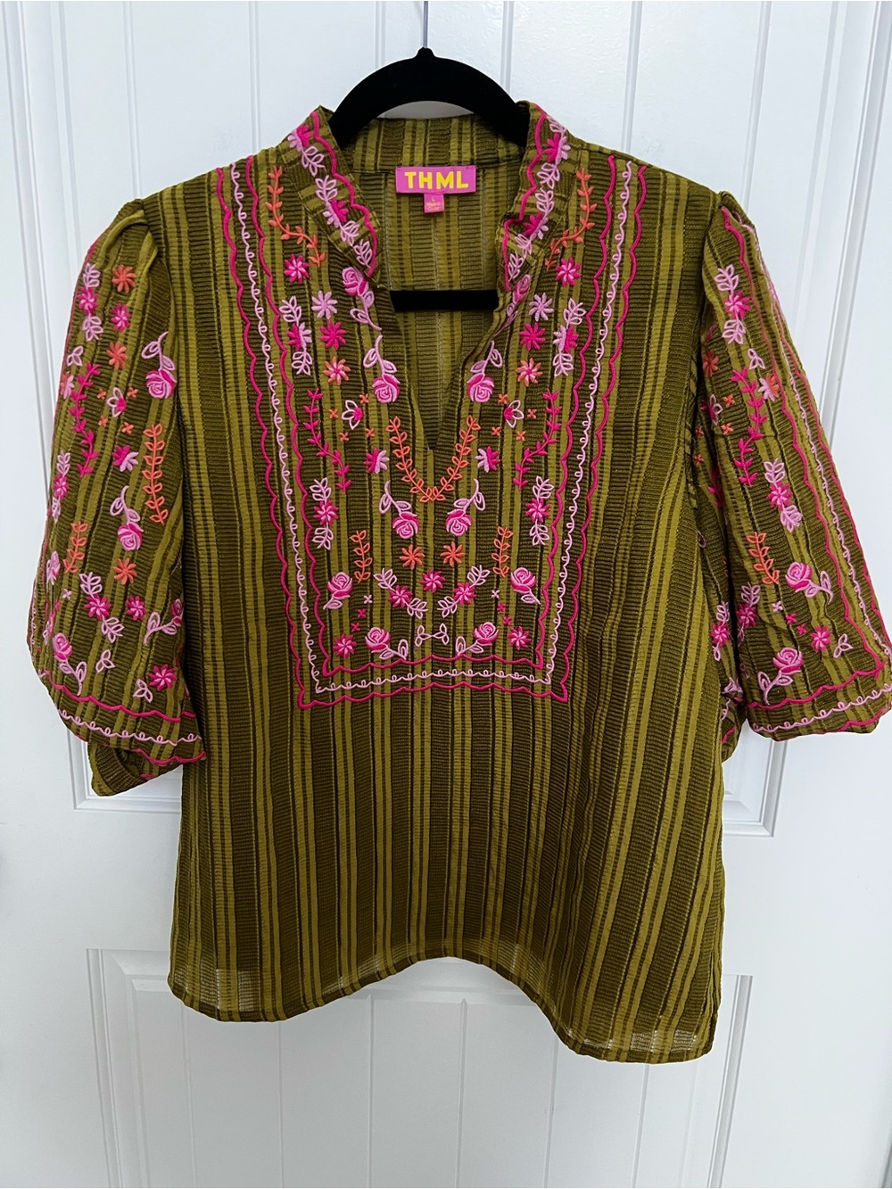 NWOT! THML Olive Embroidered Puff Sleeve Blouse | Pink Floral Embroidery - Picture 2 of 8